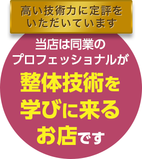 高い技術力に定評をいただいています 当店は同業のプロフェッショナルが整体技術を学びに来るお店です