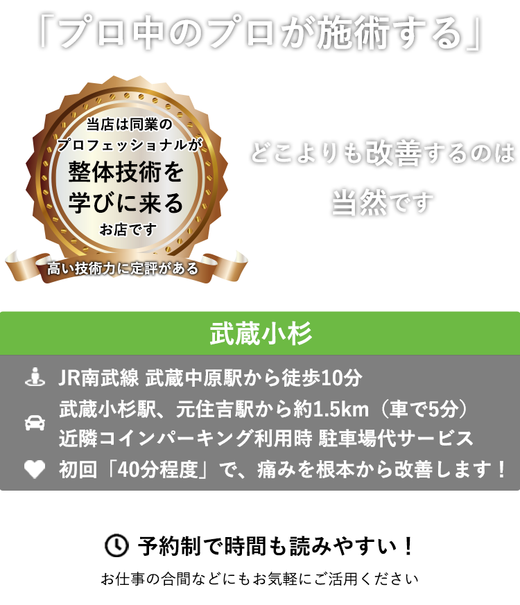 当店は同業のプロフェッショナルが整体技術を学びに来るお店です　「プロ中のプロが施術する」　どこよりも改善するのは当然です ABC整体スタジオ JR南武線 武蔵中原駅から徒歩10分 武蔵小杉駅、元住吉駅から約1.5km（車で5分） 近隣コインパーキング利用時 駐車場代サービス 初回「40分程度」で、痛みを根本から改善します！ 予約制で時間も読みやすい！　お仕事の合間などにもお気軽にご活用ください