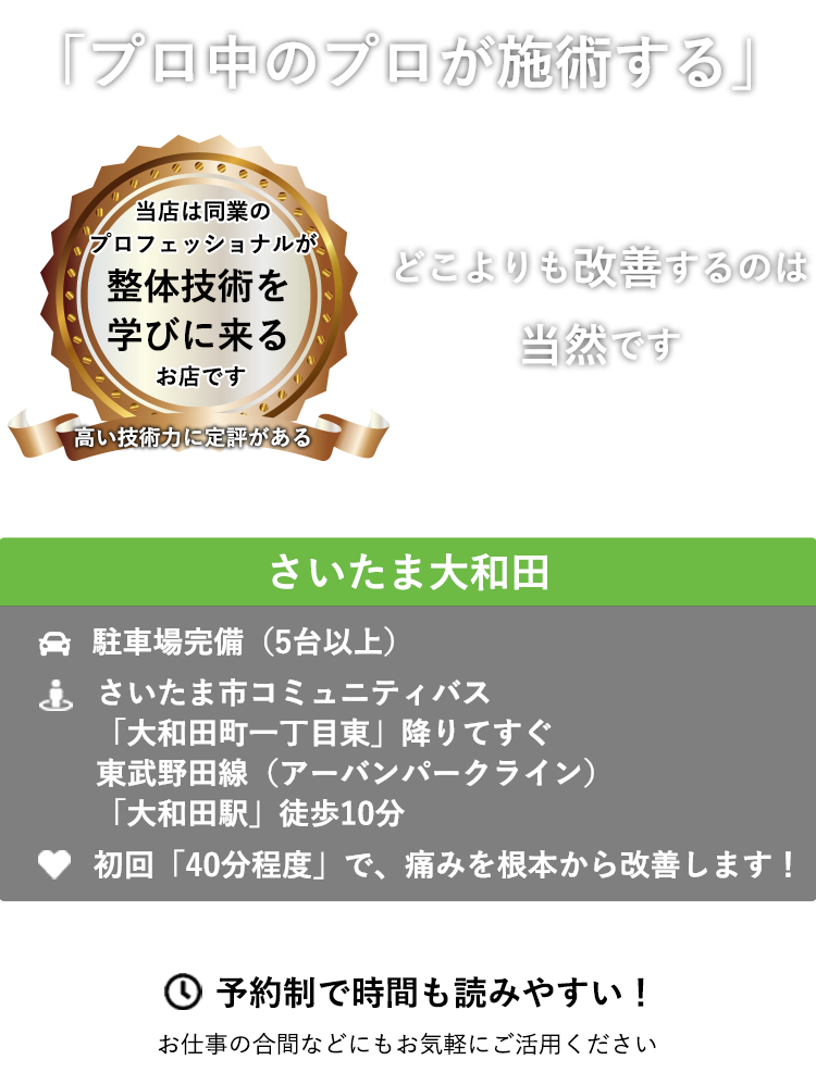 当当店は同業のプロフェッショナルが整体技術を学びに来るお店です　「プロ中のプロが施術する」　どこよりも改善するのは当然です ABC整体スタジオ さいたま大和田　駐車場完備（5台以上）　さいたま市コミュニティバス「大和田町一丁目東」降りてすぐ 東武野田線（アーバンパークライン）「大和田駅」徒歩10分　初回「４０分程度」で、痛みを根本から改善します！ 予約制で時間も読みやすい！　お仕事の合間などにもお気軽にご活用ください