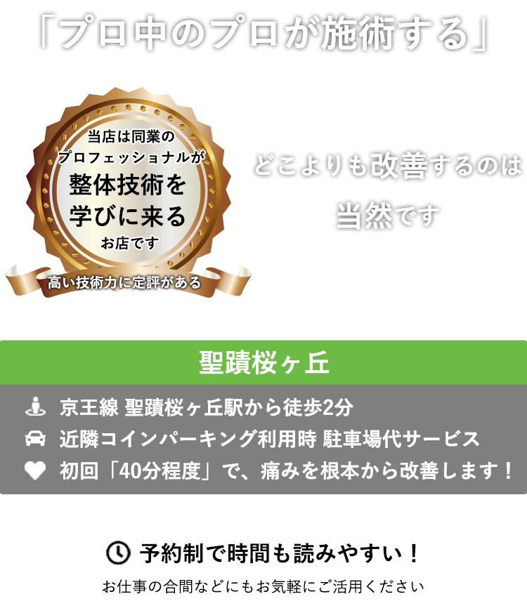 当店は同業のプロフェッショナルが整体技術を学びに来るお店です　「プロ中のプロが施術する」　どこよりも改善するのは当然です ABC整体スタジオ 聖蹟桜ヶ丘 京王線 聖蹟桜ヶ丘駅から徒歩2分 近隣コインパーキング利用時 駐車場代サービス 初回「40分程度」で、痛みを根本から改善します！ 予約制で時間も読みやすい！　お仕事の合間などにもお気軽にご活用ください